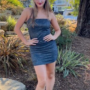 Elegant Gray sparkly Rhinestone straps. Ruching on back of dress